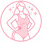 Illustration of a woman wearing a pink swimsuit with a circular border and stars on a white background