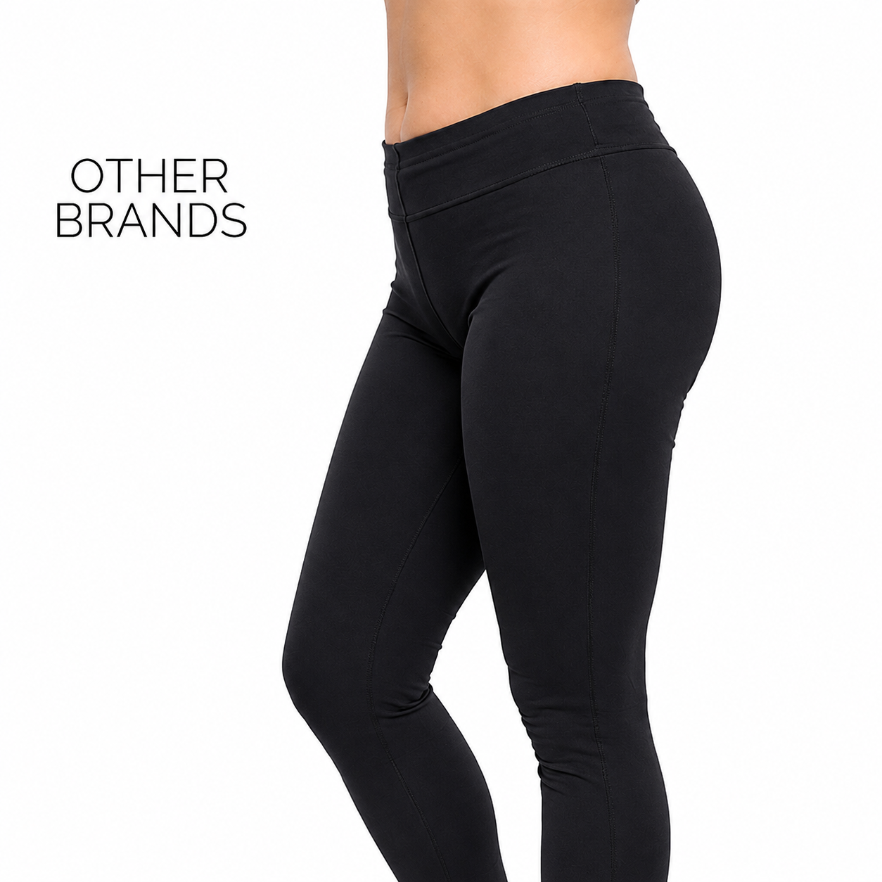 Black high-waisted leggings shown on a cropped model from the waist down against a white background, with the text 'OTHER BRANDS' in the upper left.