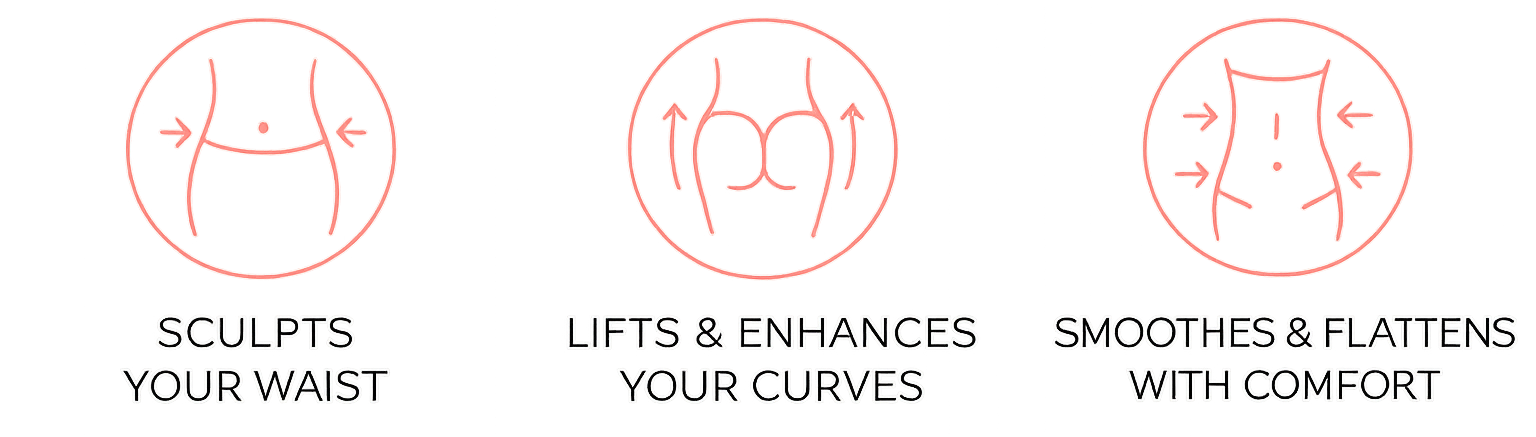 Three red line icons with text below reading 'SCULPTS YOUR WAIST,' 'LIFTS & ENHANCES YOUR CURVES,' and 'SMOOTHES & FLATTENS WITH COMFORT' on a white background.