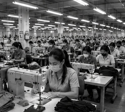 A large black-and-white photograph of a sewing factory floor with many workers seated at tables operating industrial sewing machines. Workers are wearing face masks, and the space is filled with rows of desks, machines, and overhead fluorescent lights.
