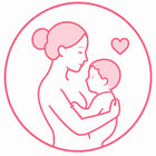Illustration of a woman holding a child with a heart symbol, all in pink.